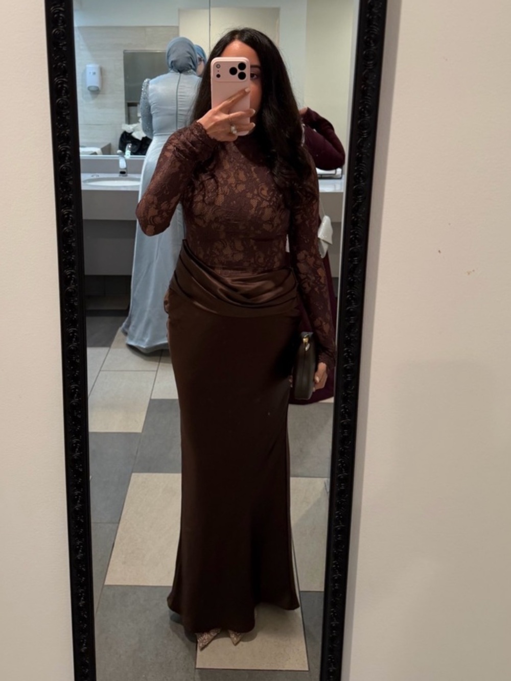 House of CB YASMEEN Espresso Brown Lace + Satin Draped Maxi Dress size L NWOT - Picture 10 of 10